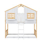 Twin over Twin House Bunk Bed with Roof , Window, Window Box, Door , with Safety Guardrails and Ladder, Natural/White