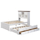 Solid Pine Captain Bookcase Bed with Trundle Bed and 3 Spacious Under Bed Drawers in Casual,Full, White+Walnut