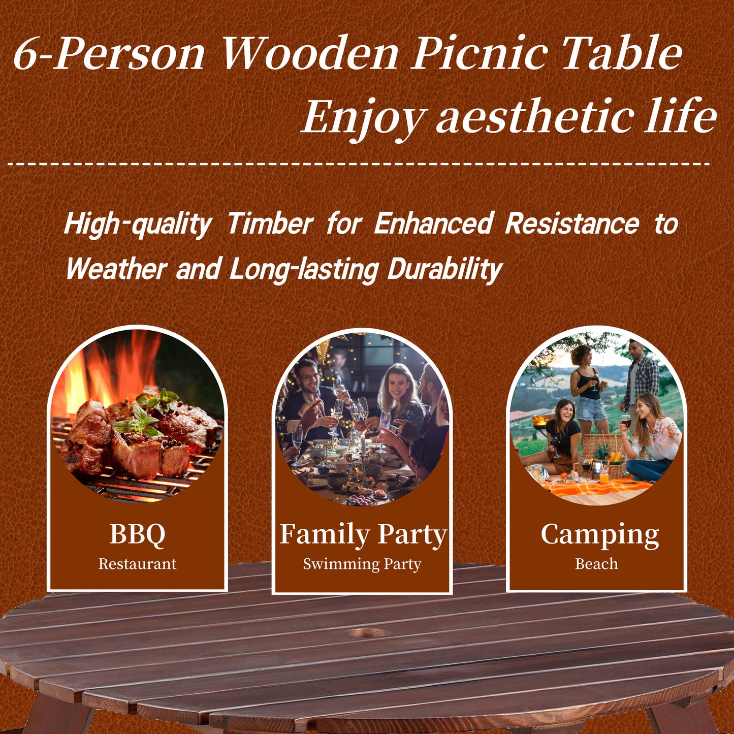 6-Person Circular Picnic Table with 3 Built-In Benches and Umbrella Hole, Brown Finish