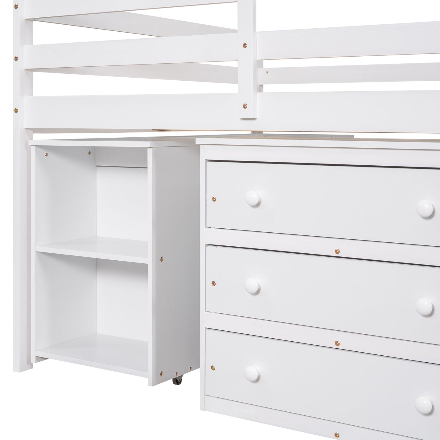 Low Study Full Loft Bed with Cabinet Shelves and Rolling Portable Desk Multiple Functions Bed- White