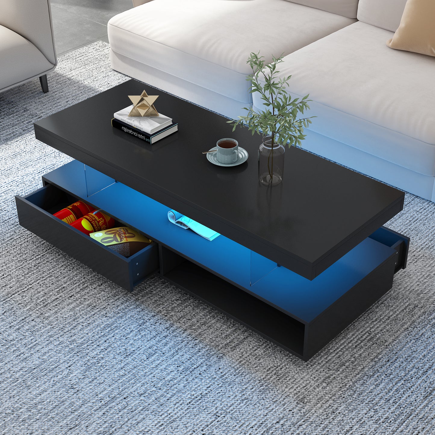 U-Can LED coffee table with storage space, modern central table with 2 drawers and display rack, equipped with LED lights, black