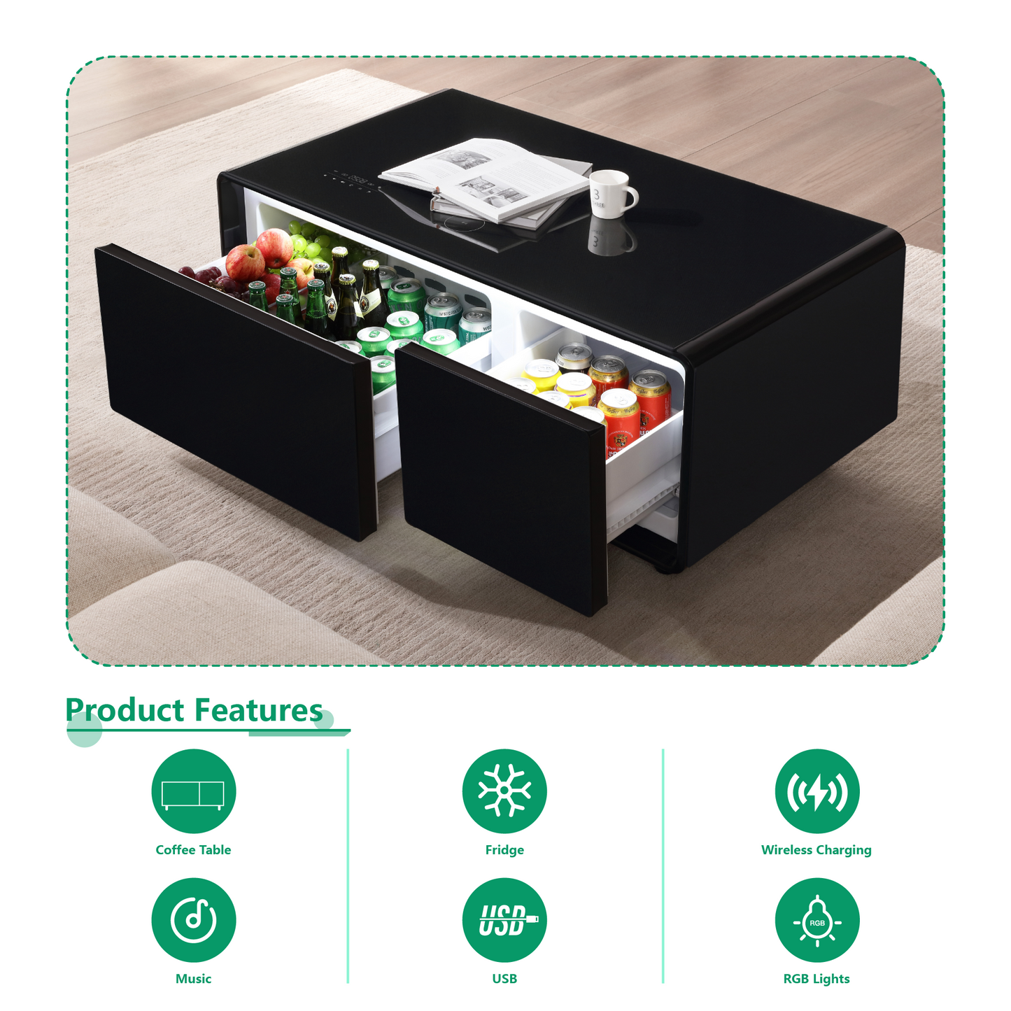 Modern Smart Coffee Table with Built-In Fridge, Bluetooth Speaker, Wireless Charging, and Touch Control Panel, Black