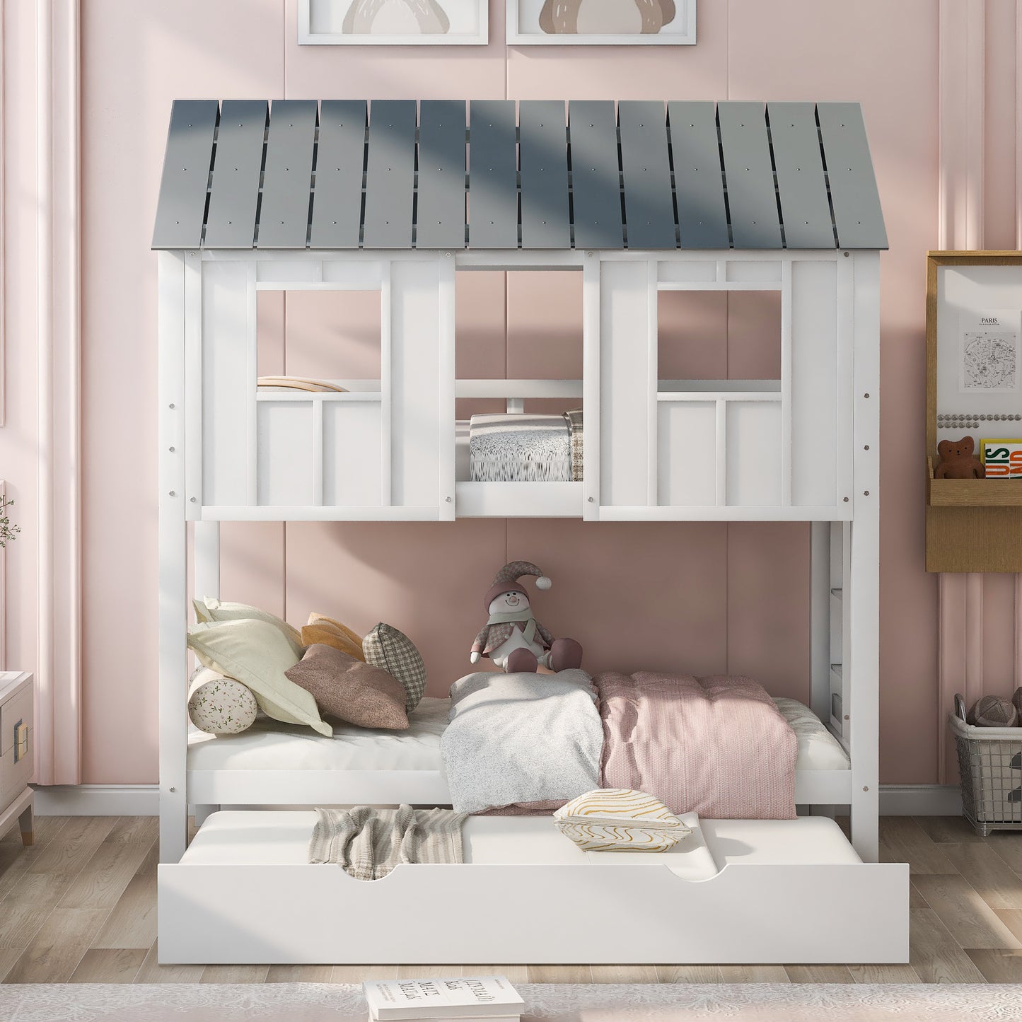 House Bunk Bed with Trundle,Roof and Windows White