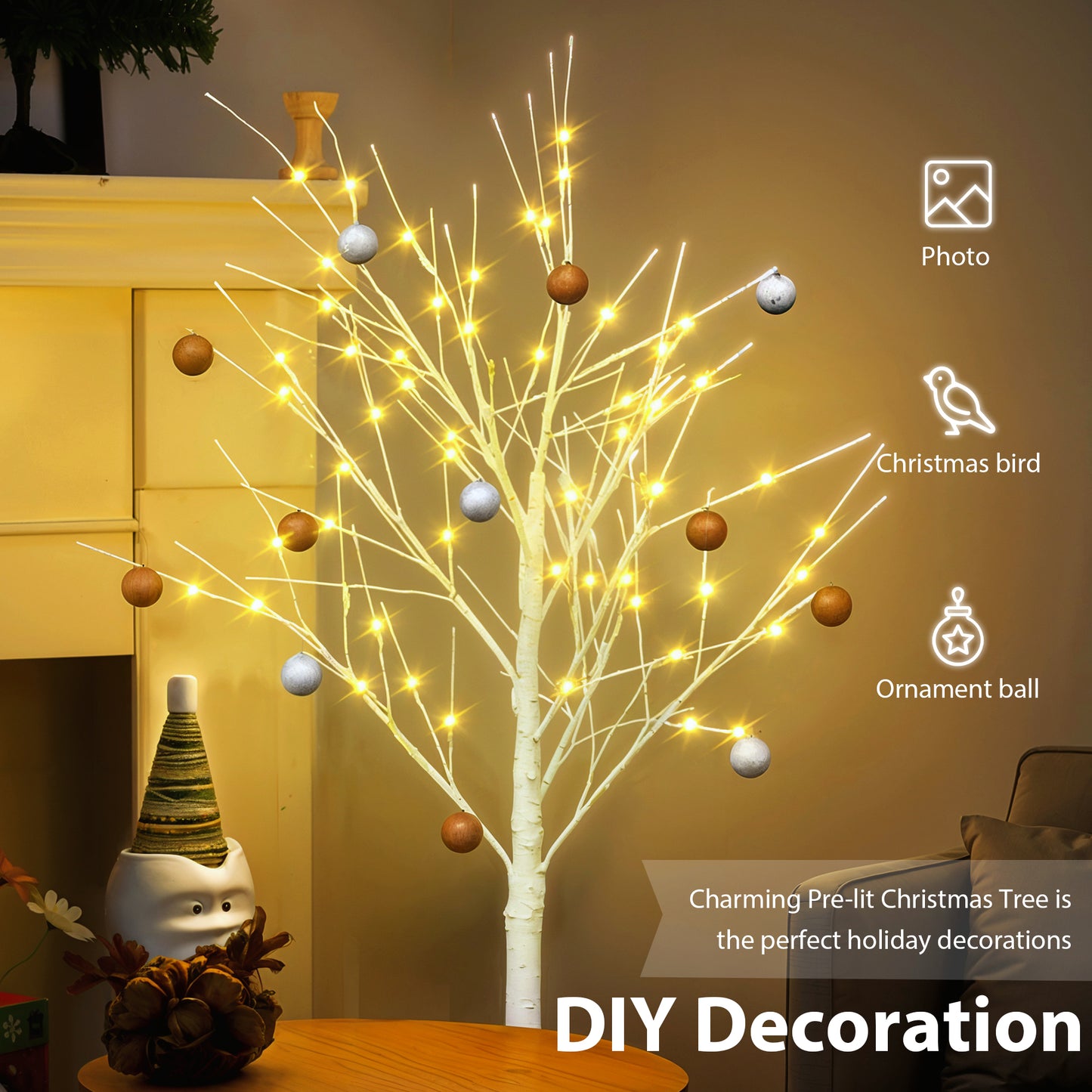 Artificial birch tree with light, 4FT 48 LED/5FT 72 LED/6FT 96 LED, with warm white light, indoor and outdoor decoration