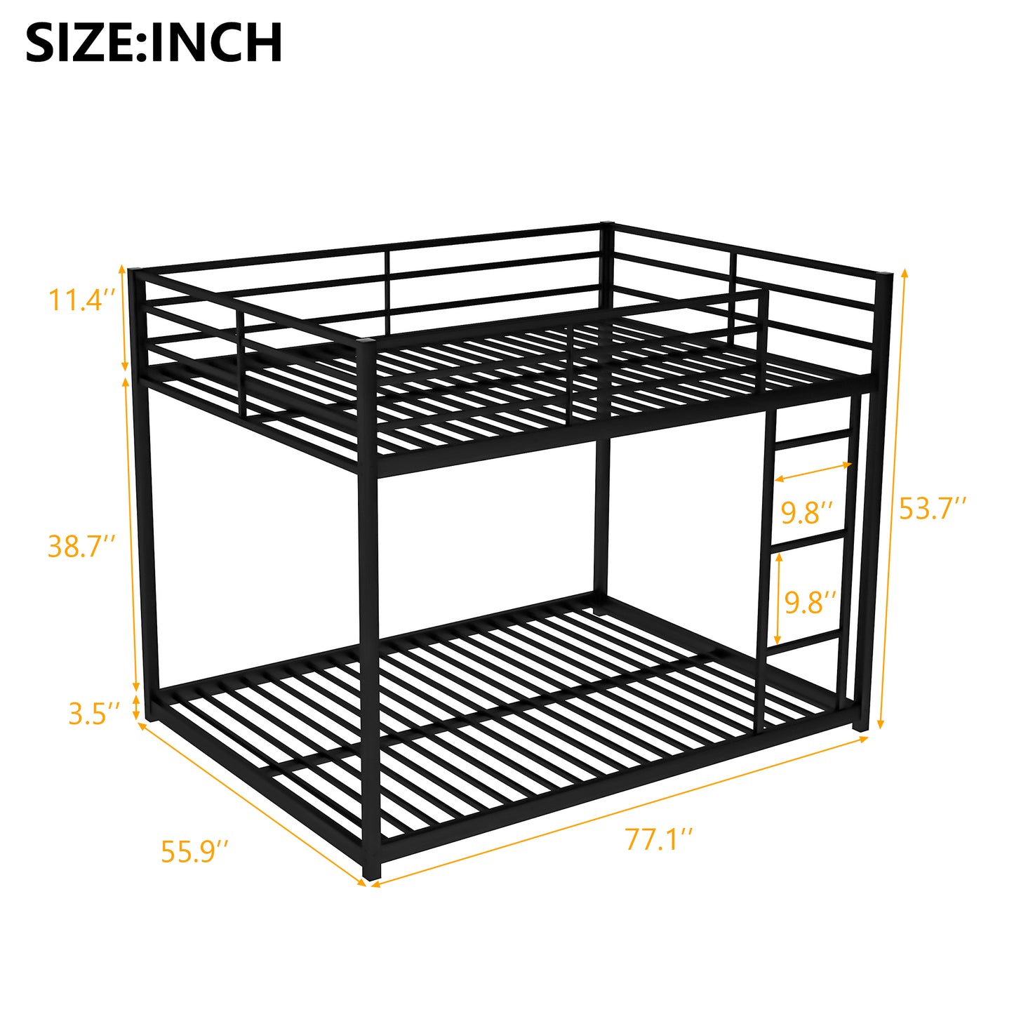 Full over Full Metal Bunk Bed Low Bunk Bed with Ladder Black