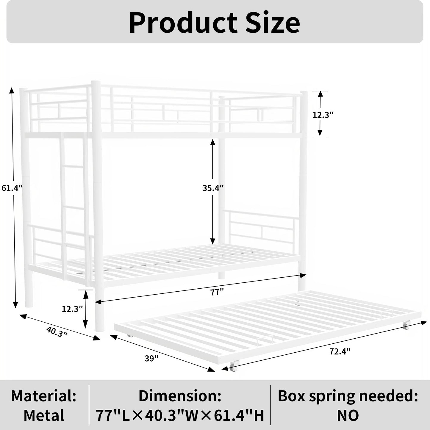 Heavy-duty Sturdy Meta Twin over Twin with Trundle Bunk Bed/l/ Noise Reduced/ Safety Guardrail/No Box Spring Needed,White