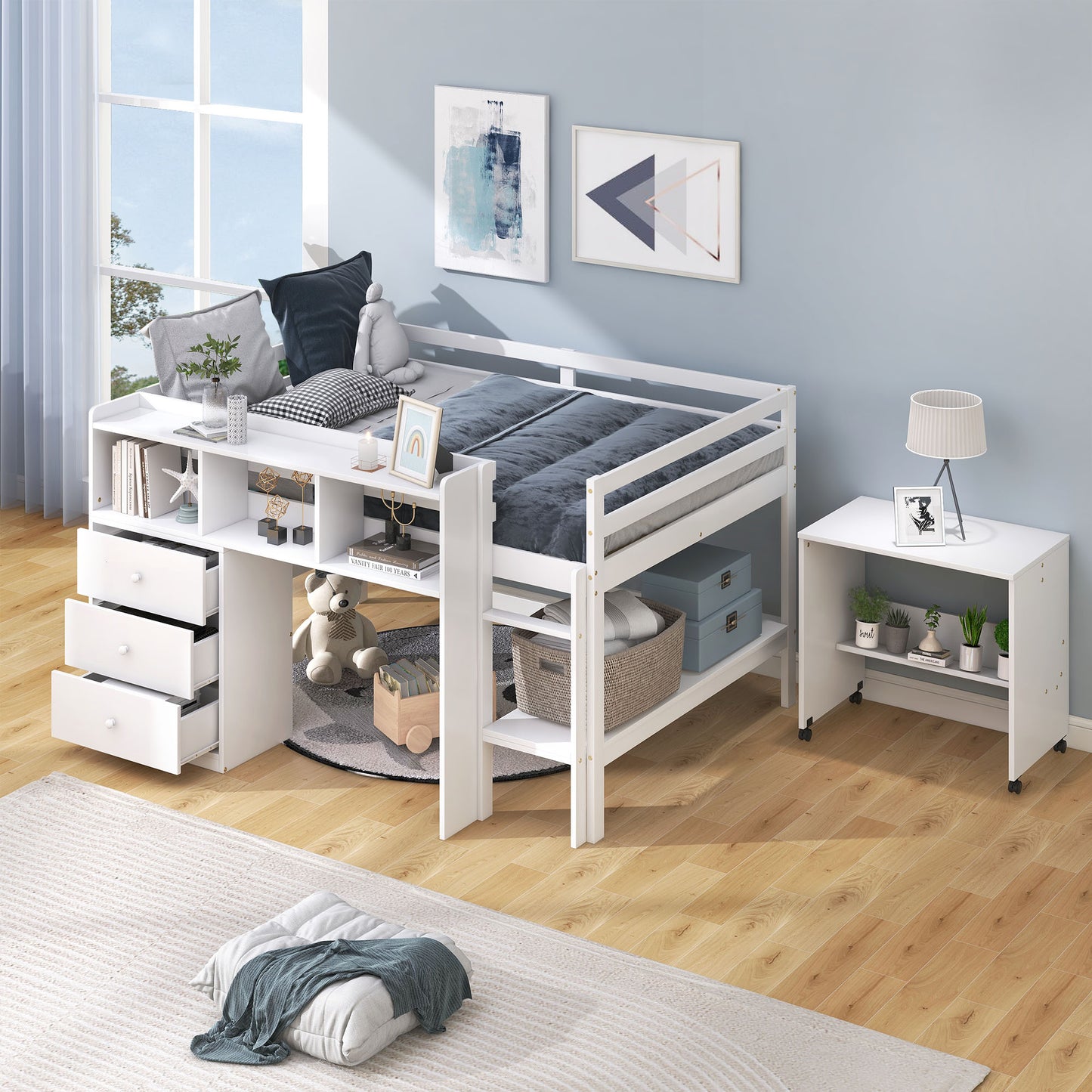 Full Size Low Loft Bed with Rolling Portable Desk, Drawers and Shelves, White