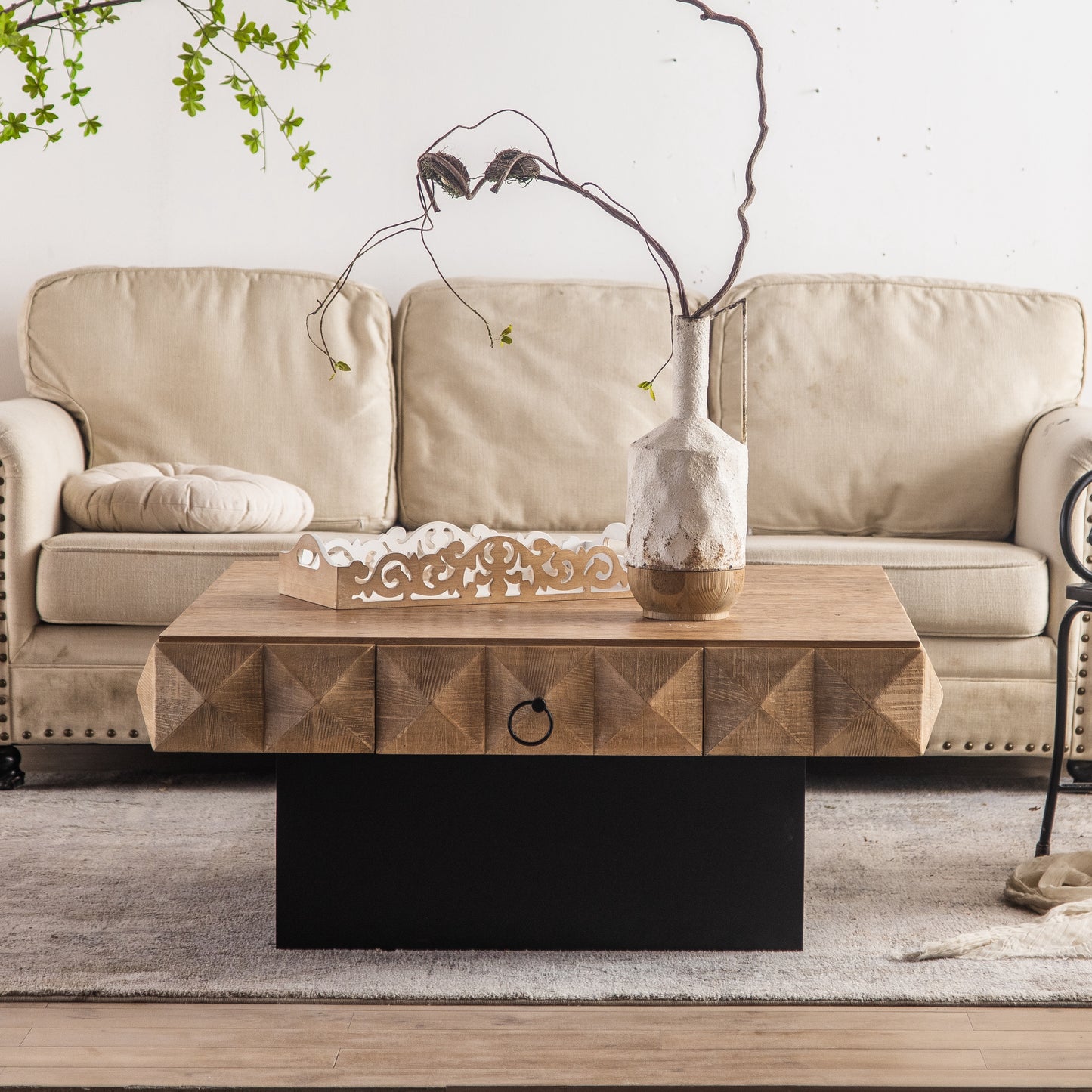 41.73" Three-Dimensional Embossed Pattern Square Retro Coffee Table with 2 Drawers and MDF Base