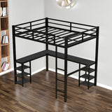 All metal loft bed with desk and shelf, loft bed with ladder and guardrail, black with black desk