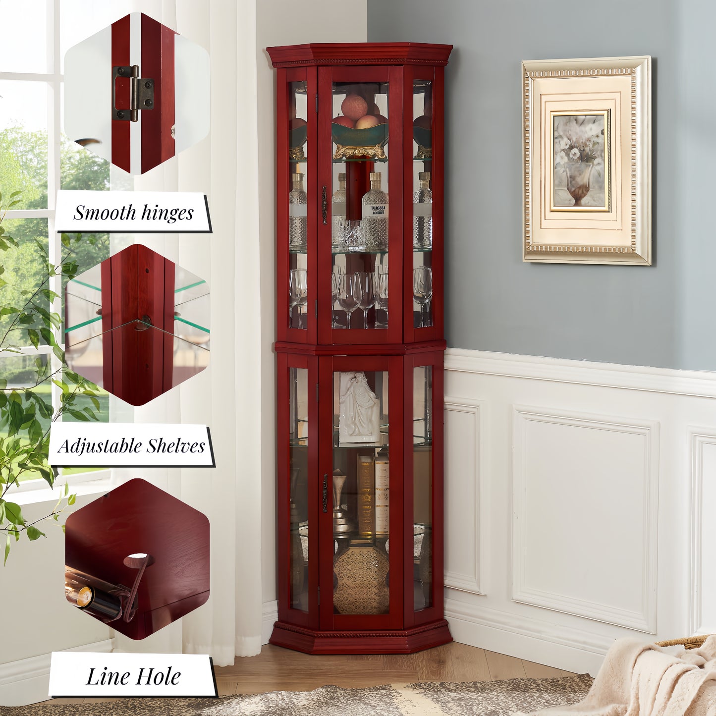 Corner Curio cabinet with illuminated glass display stand and tempered glass door, with adjustable bracket and light bulb