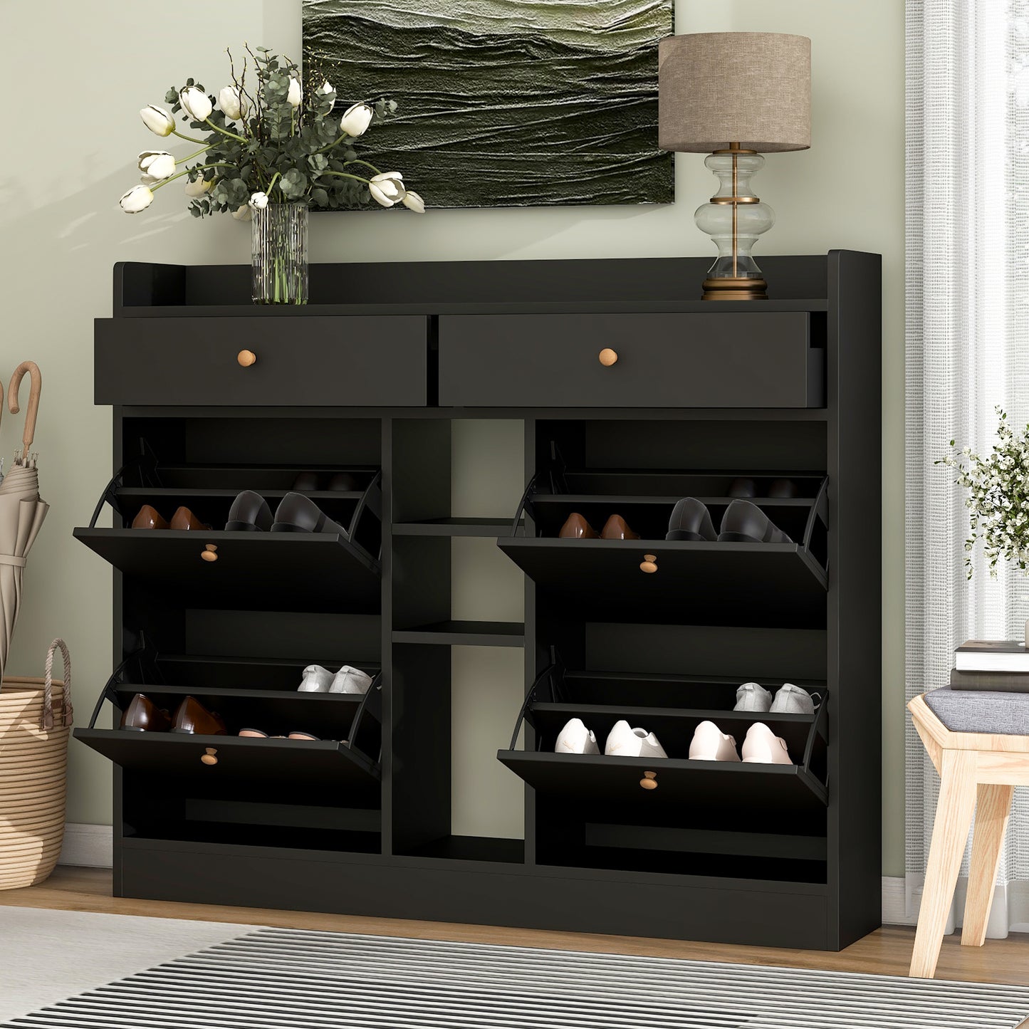 ONTREND modern shoe cabinet with 4 flipped drawers, multifunctional double-layer shoe storage with drawers, black.