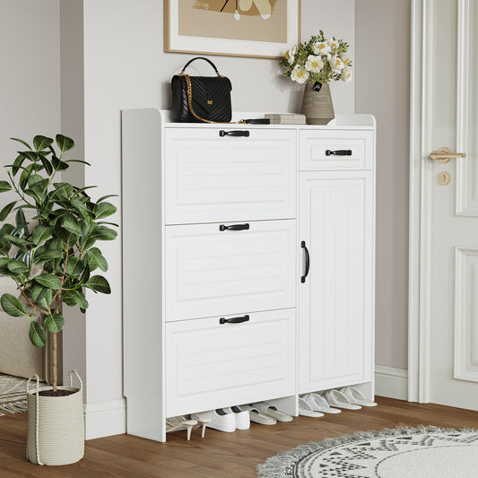 White color shoe cabinet with 4 doors 1 drawers,PVC door with shape ,large space for storage