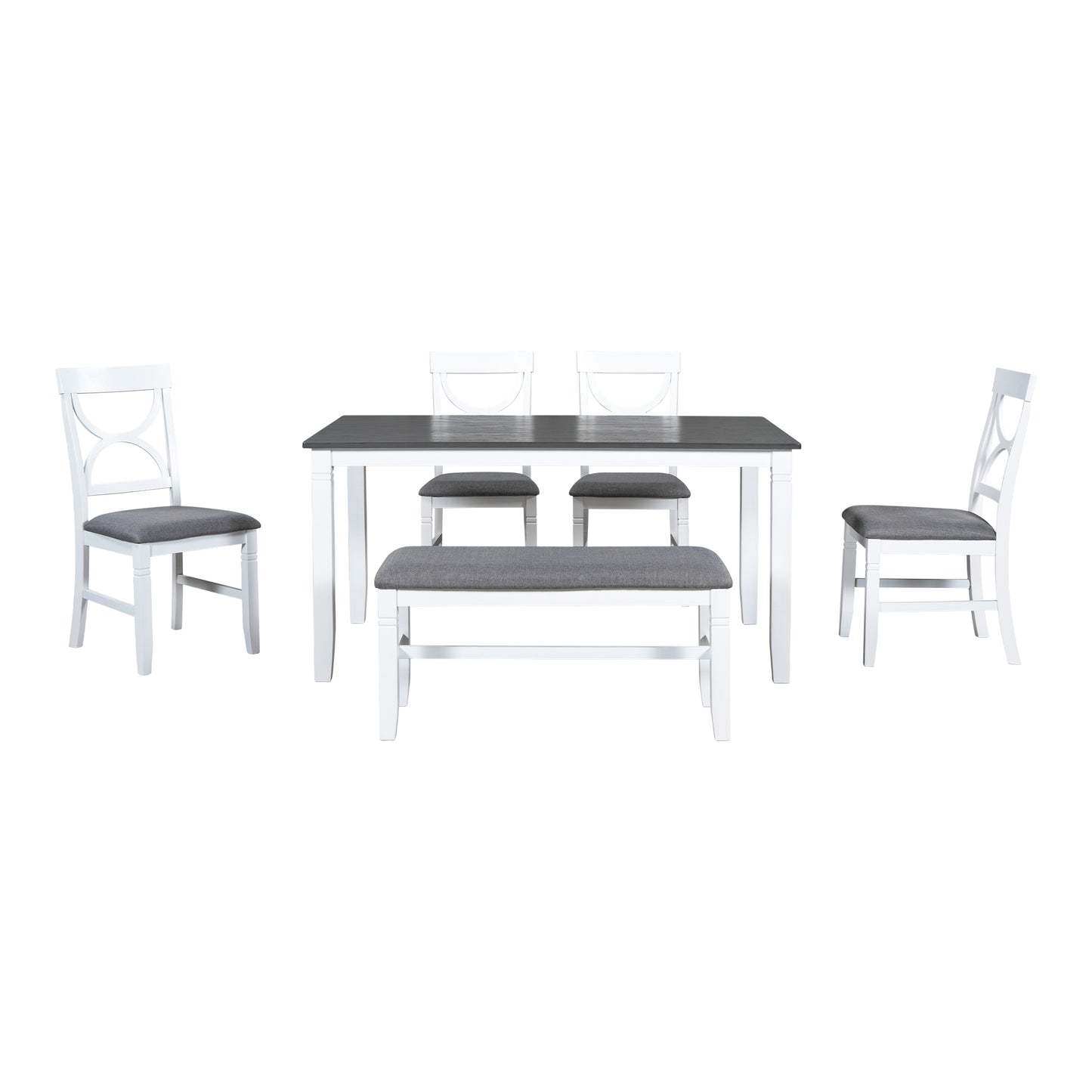 TOPMAX 6-Piece Wood Dining Table Set with Upholstered Bench and 4 Chairs, Farmhouse Style in Gray and White