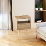 Rattan End table with Power Outlet & USB Ports Modern nightstand with drawer and solid wood legs