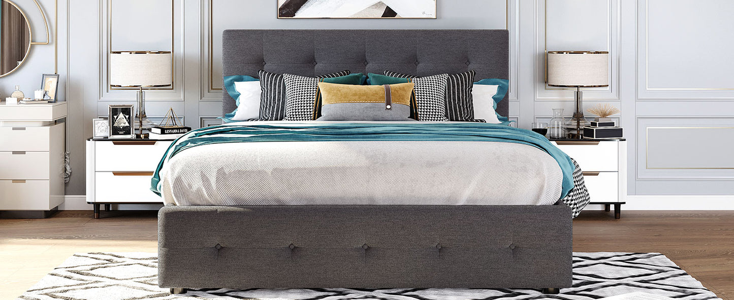 Upholstered Platform Bed with 2 Drawers and 1 Twin XL Trundle Linen Fabric Queen Size - Dark Gray