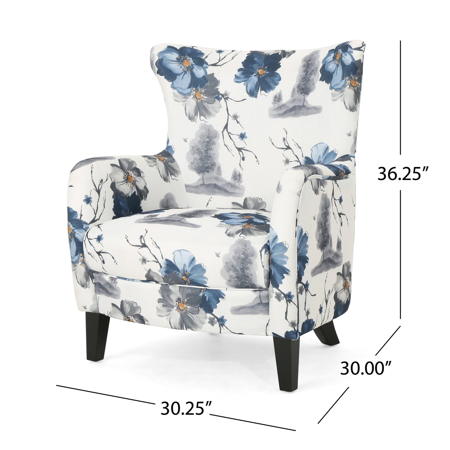 Modern Retro Printed Fabric Club Chair, White and Blue Patterned Armchair for Living Rooms