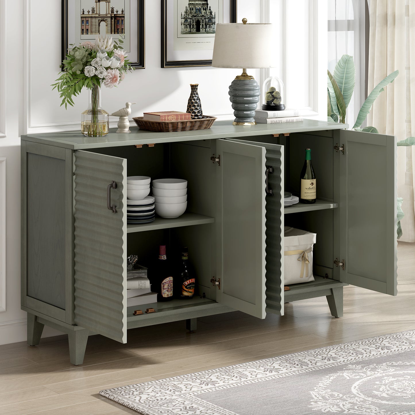 TREXM Buffet con paneles laterales y 4 puertas, gabinete de almacenamiento grande con estantes ajustables y manijas de metal, gris antiguo