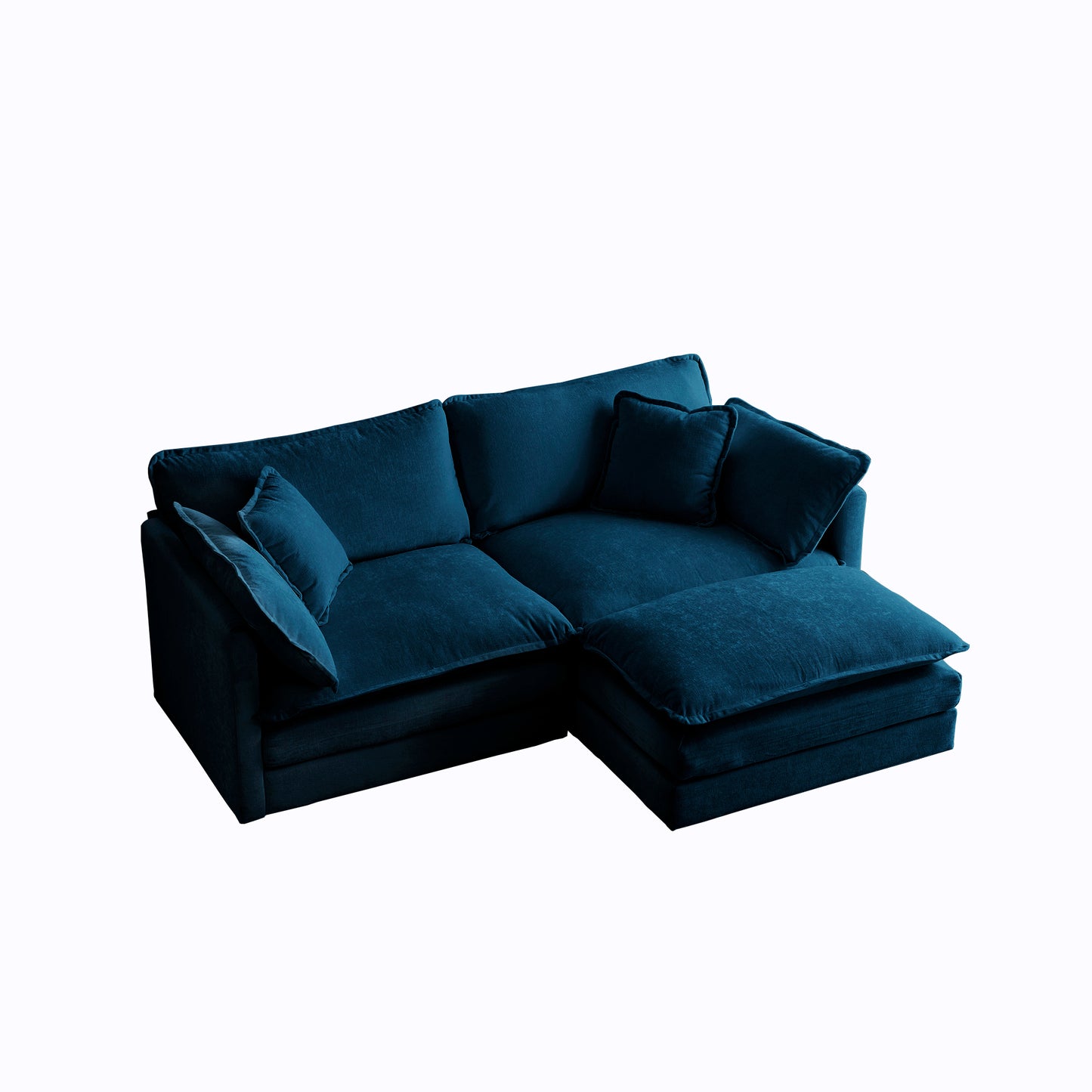 Chenille double sofa with 1 foot pedal, 2 seats L-shaped section, Ottoman style blue Chenille