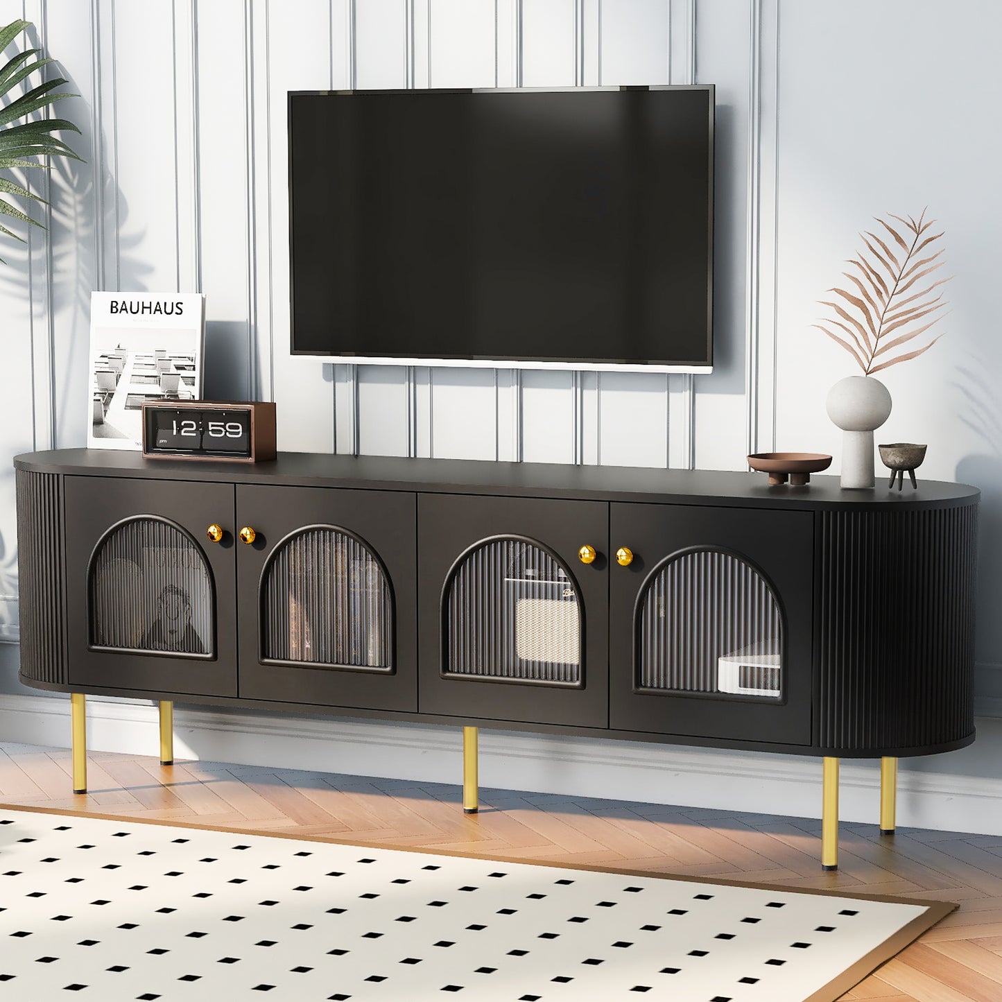 U-Can Modern TV Stand for TVs up to 80 Inches with 4 Cabinets with Metal Legs and Handles for Living room, Black