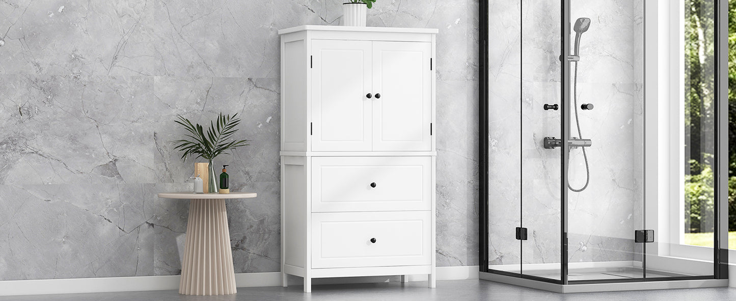 Bathroom Storage Cabinet, Cabinet with Two Doors and Drawers, Adjustable Shelf, MDF Board, White