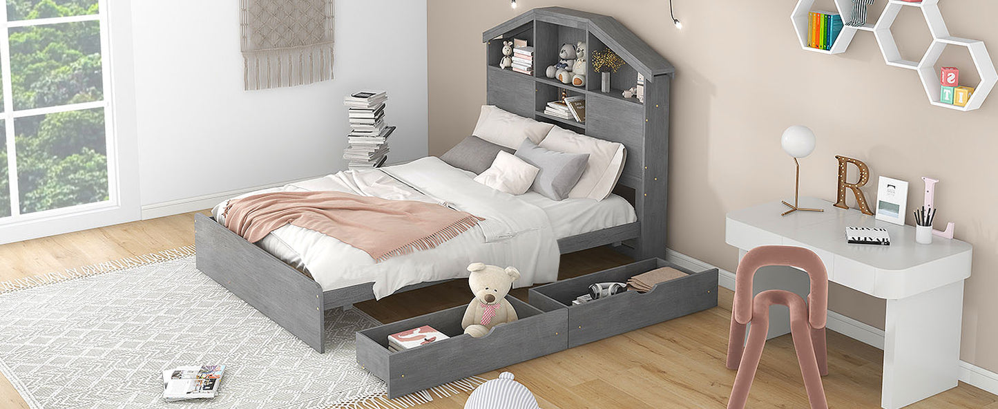 Full Size Wood Platform Bed with House-shaped Storage Headboard and 2 Drawers Gray