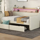 Twin Size Daybed with Storage Drawers, Upholstered Daybed with Charging Station and LED Lights, Beige