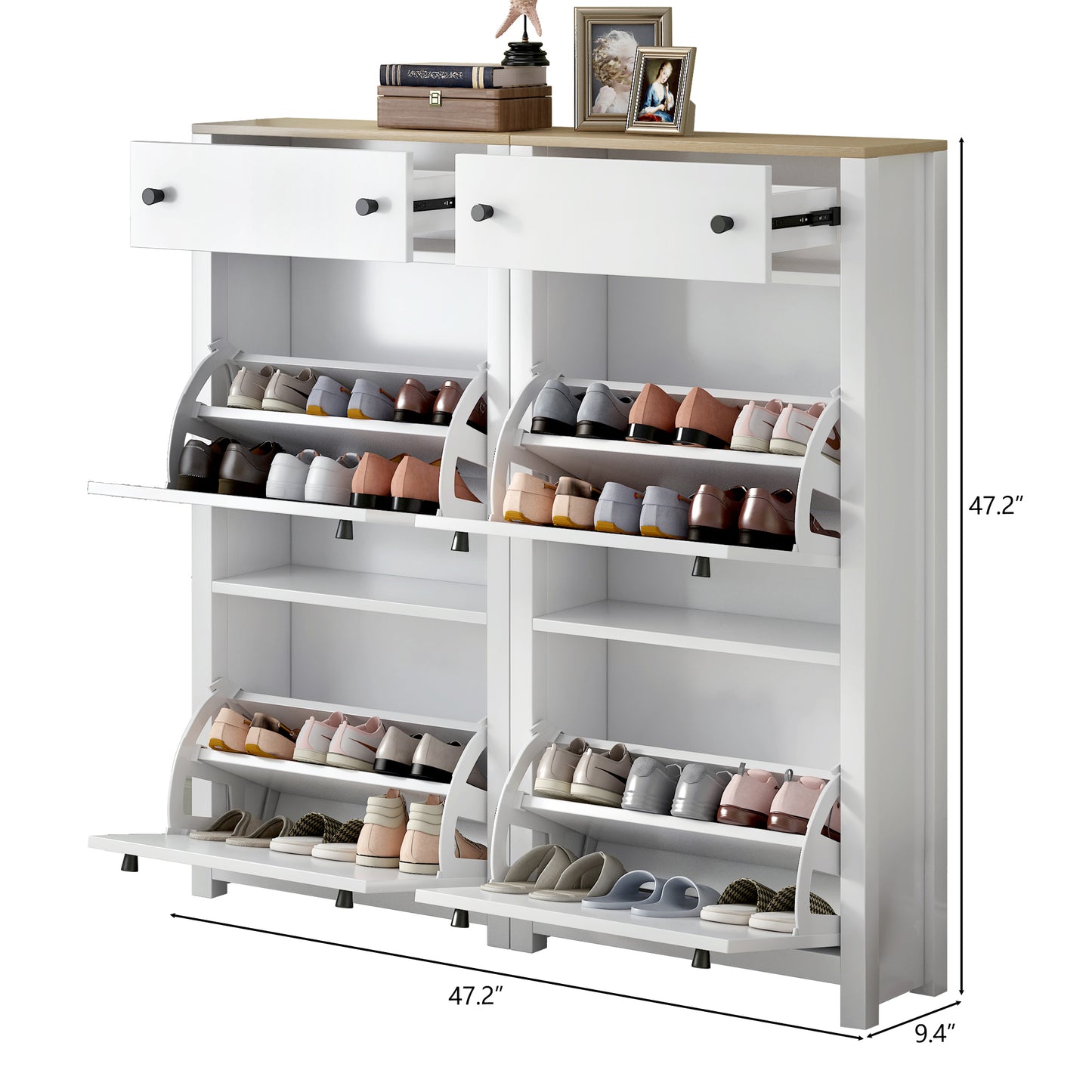 ONTREND ultra-thin shoe cabinet set with 4 flip drawers and adjustable panel top shoe rack, white