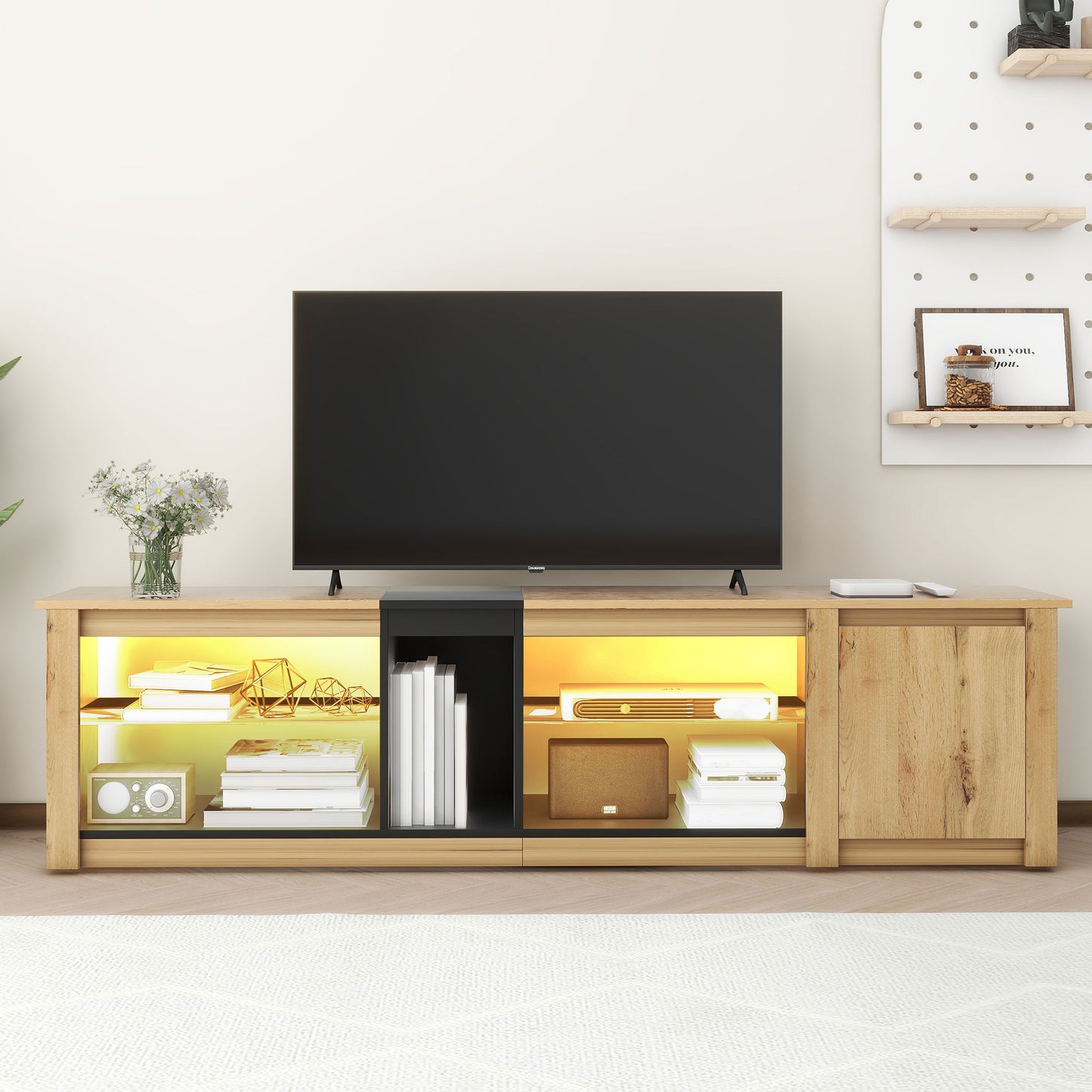 ModernTV stand suitable for TVs under 80 inches, media console with multifunctional storage, and LED lights