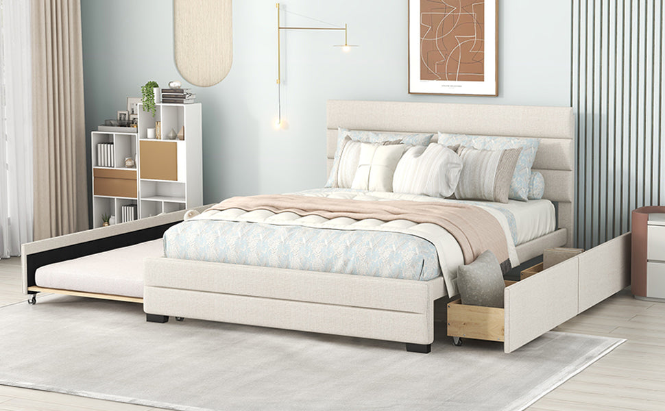 Queen Upholstered Platform Bed with Twin Size Trundle and Two Drawers  Beige