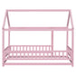 Twin Size Floor Wooden Bed with House Roof Frame, Fence Guardrails,Pink