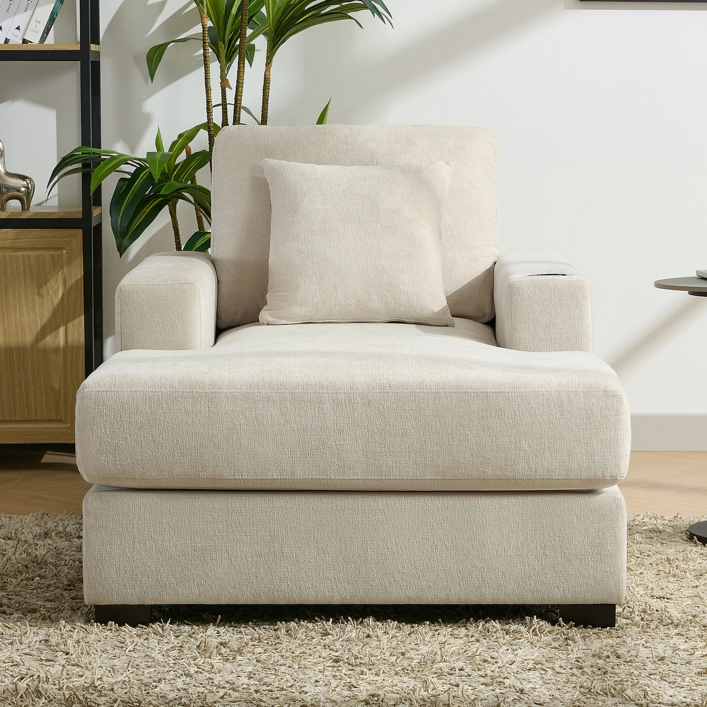 39.7" Oversized Chaise Lounger with Pillows, Charge Station, and Cup Holders, Chenille Fabric in Cream