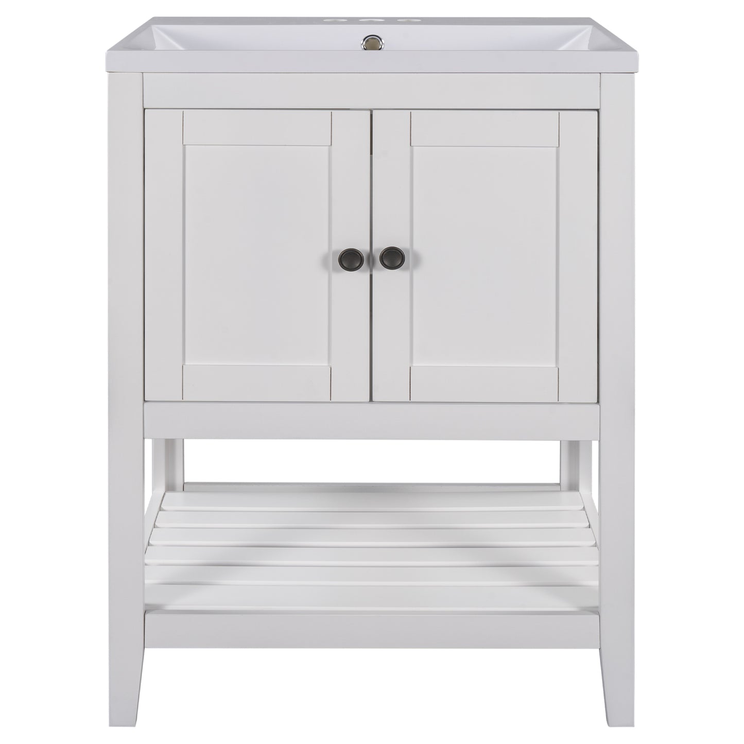 White Modern Sleek Bathroom Vanity Elegant Ceramic Sink with Solid Wood Frame Open Style Shelf