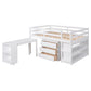 Low Study Full Loft Bed with Cabinet Shelves and Rolling Portable Desk Multiple Functions Bed- White