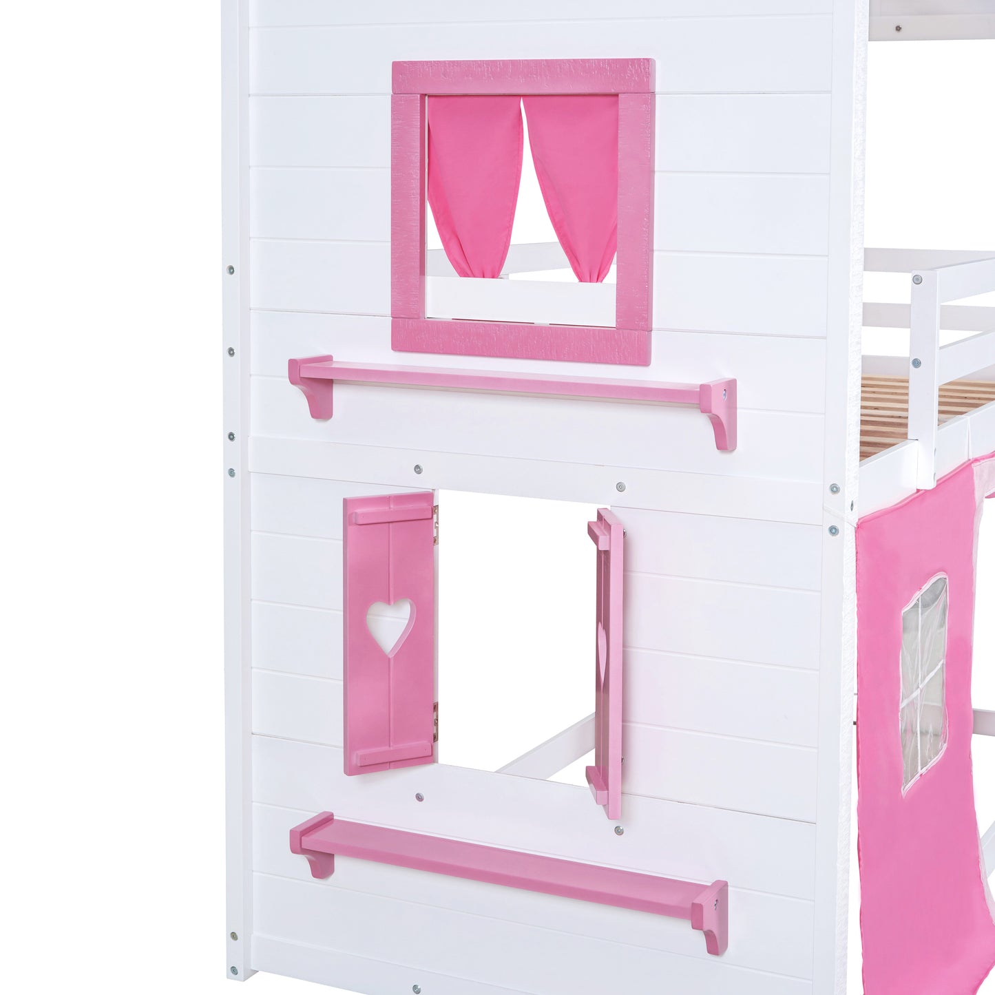 Twin Size Bunk Wood House Bed with Elegant Windows, Sills and Tent, Pink+White