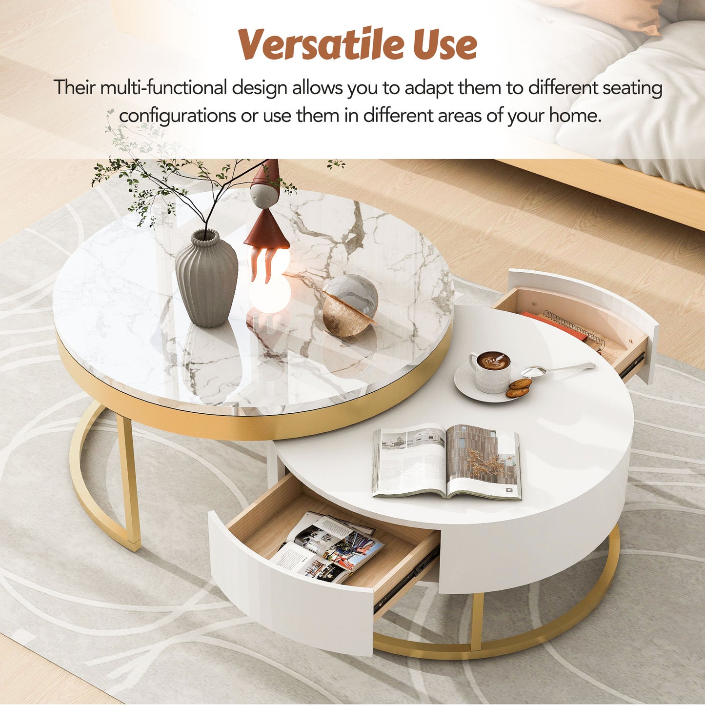 Modern Round Nesting Coffee Table with Drawers, White Finish for Living Rooms