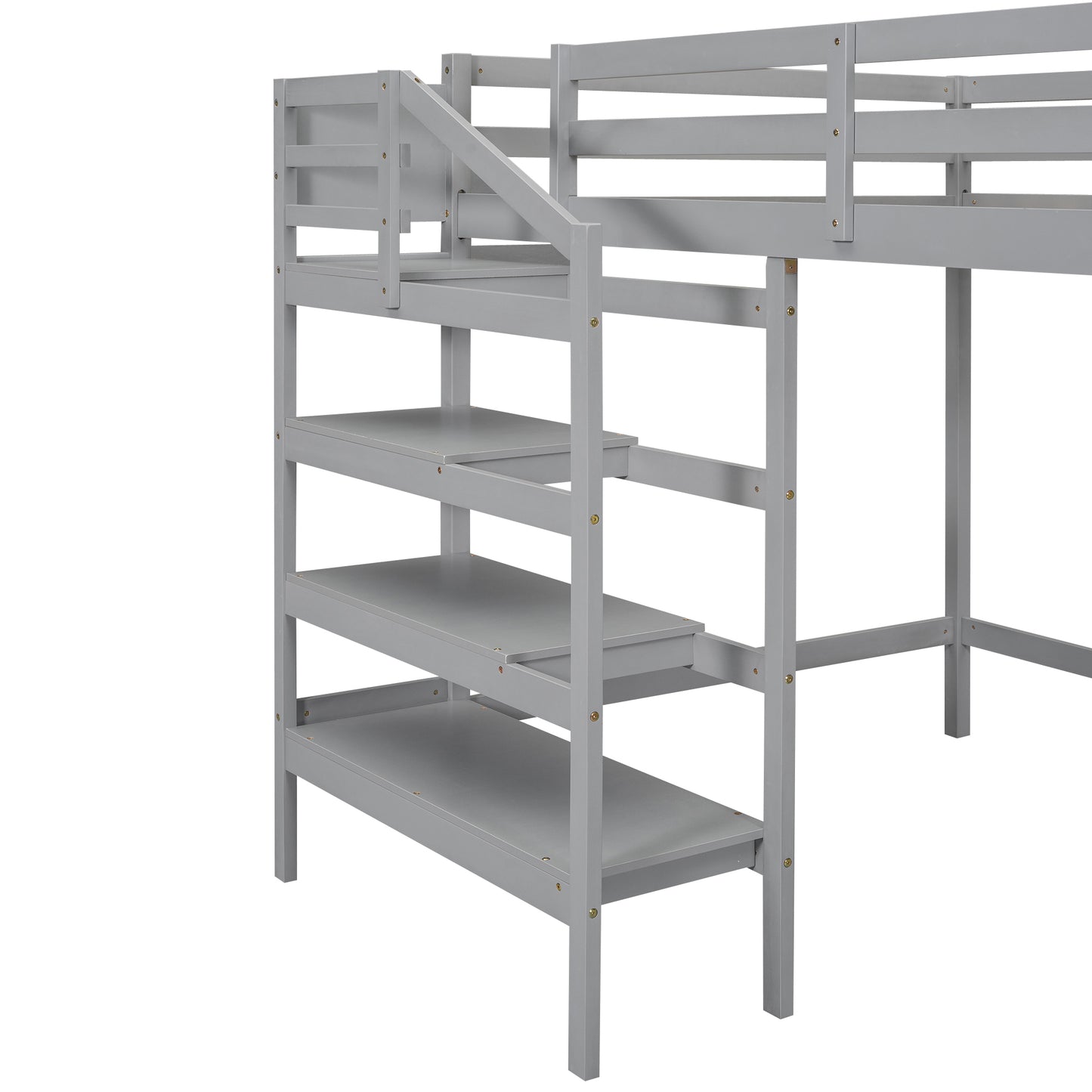 Full Size Loft Bed with Built-in Storage Staircase and Hanger for Clothes, Gray