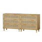 3-Drawer Rattan Storage Cabinet Set of 2, Oak Finish for Bedrooms, Living Rooms, and Hallways