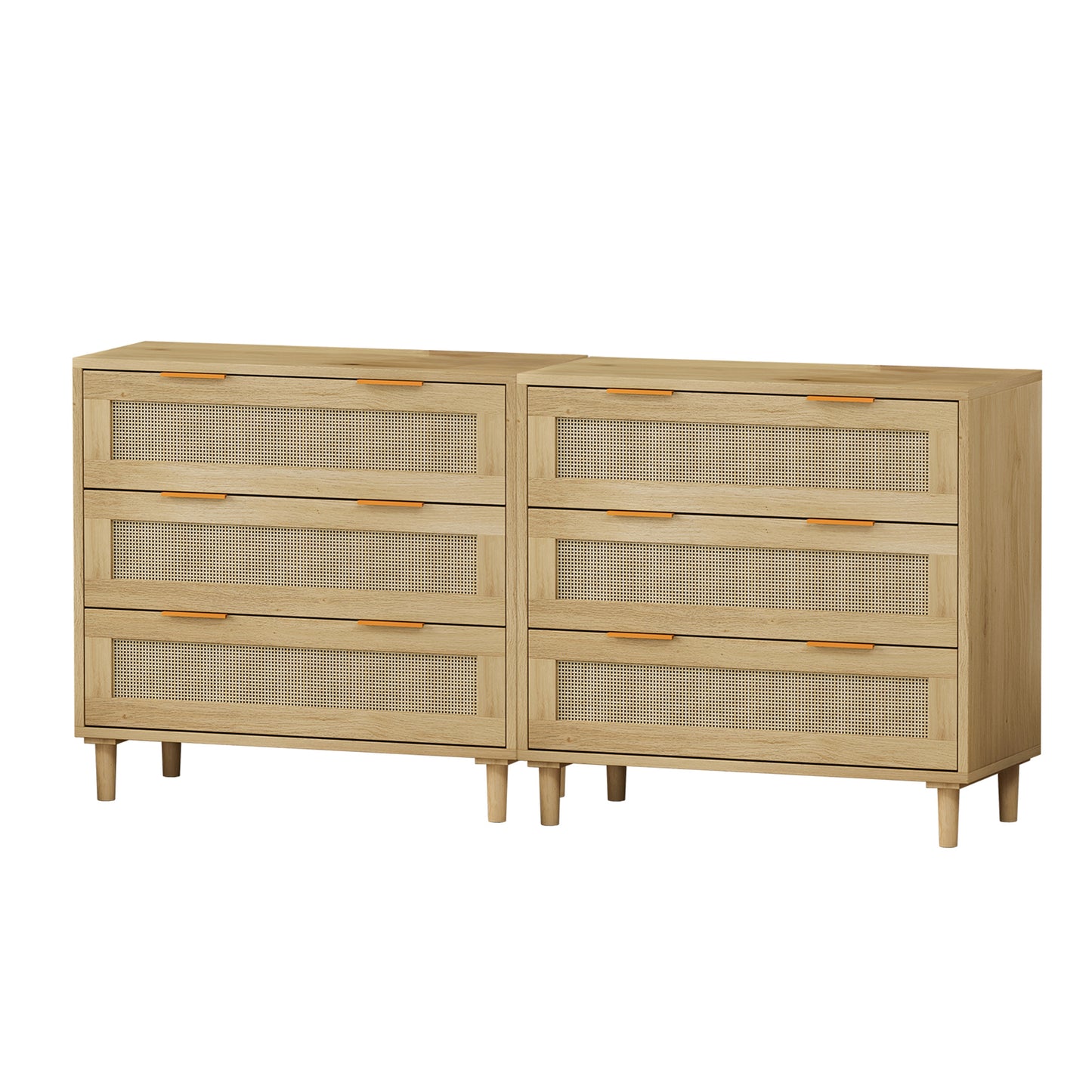 3-Drawer Rattan Storage Cabinet Set of 2, Oak Finish for Bedrooms, Living Rooms, and Hallways