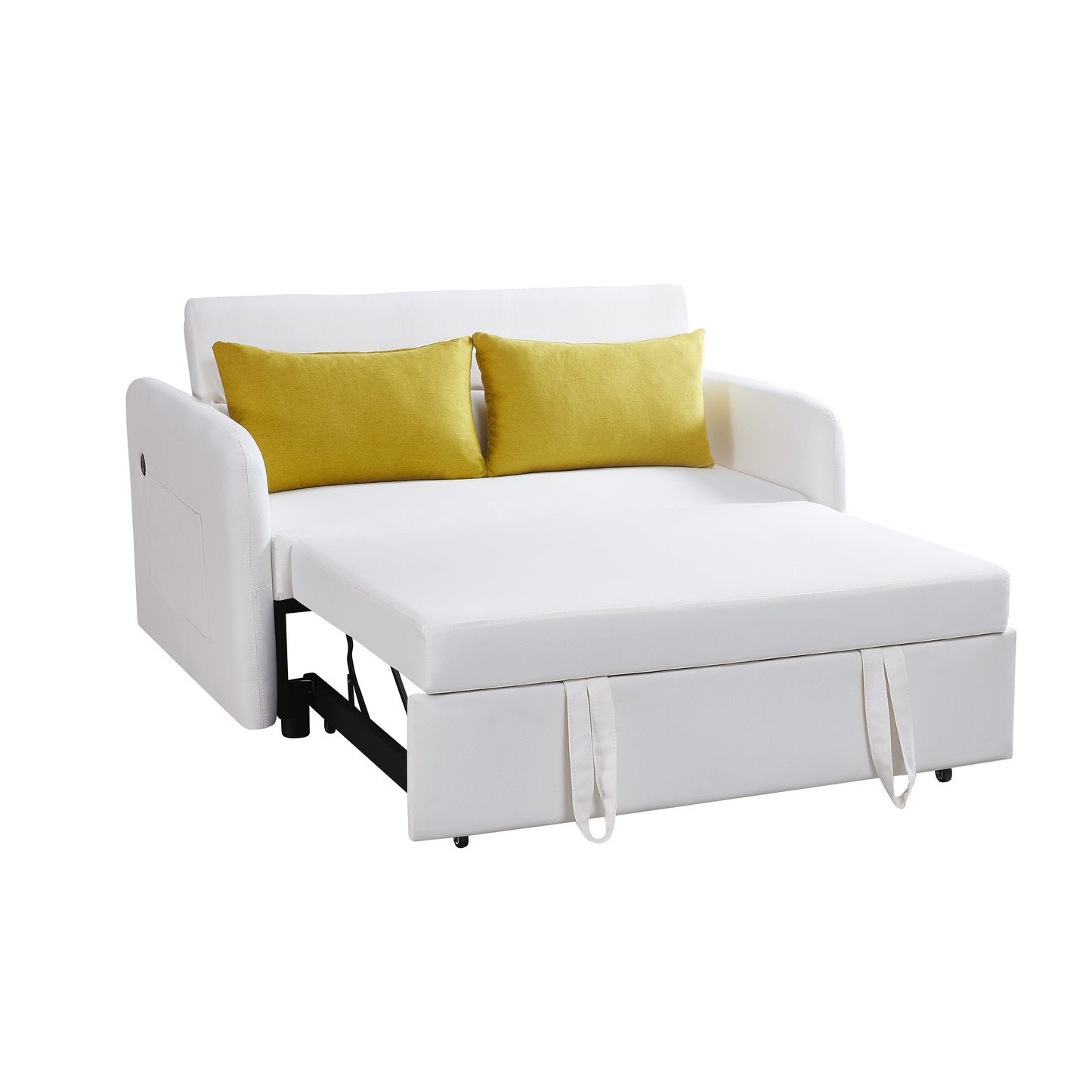 Sofá cama doble en tela color blanco crema, diseño convertible para sentarse y dormir cómodamente