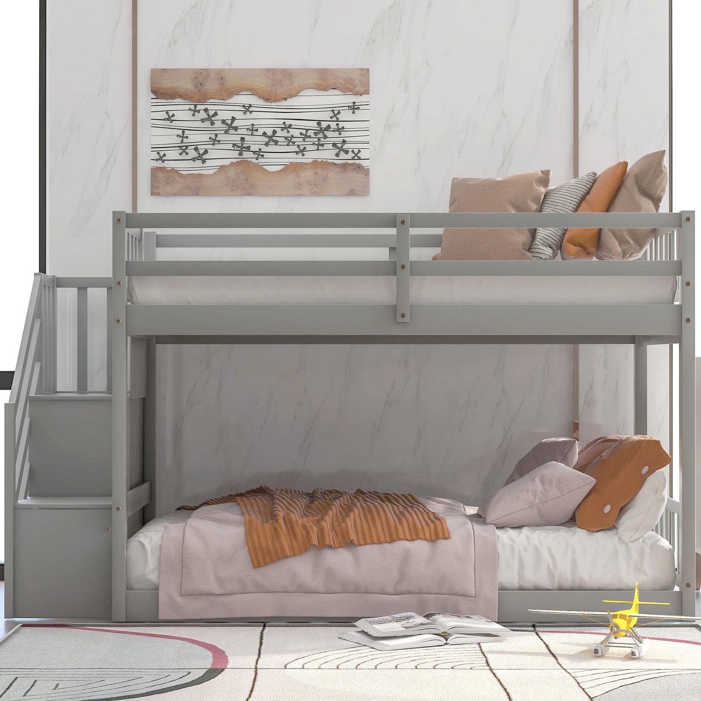 Twin over Twin Floor Bunk Bed, Ladder with Storage  Gray