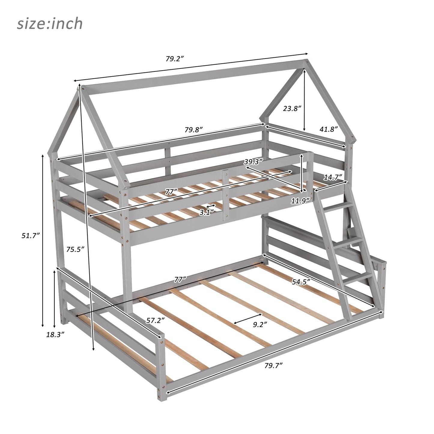 Twin over Full House Bunk Bed with Built-in Ladder Gray