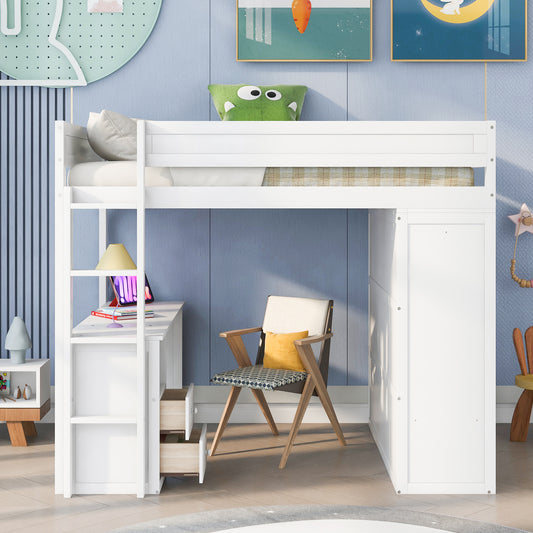 Full-Size Loft Bed with Wardrobe and Drawers White