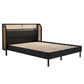 Moderna cama tamaño queen con plataforma de madera de ratán Cannage, acabado negro para dormitorios elegantes