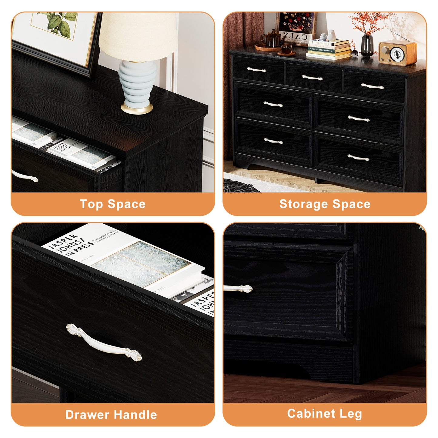 Modern 3-Drawer Bedroom Chest of Drawers, 7-Drawer Dresser with Metal Pulls, Black Finish