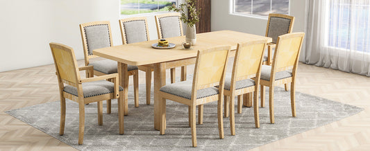 TOPMAX Expandable 84-Inch Dining Table Set with 24" Detachable Leaves, 6 Armless Chairs, and 2 Armchairs, Natural Finish