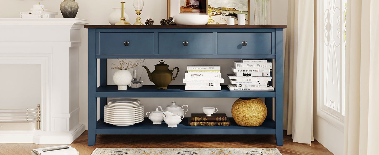 Retro Design Console Table with Two Open Shelves, Pine Solid Wood Frame and Legs for Living Room (Antique Navy+Espresso)