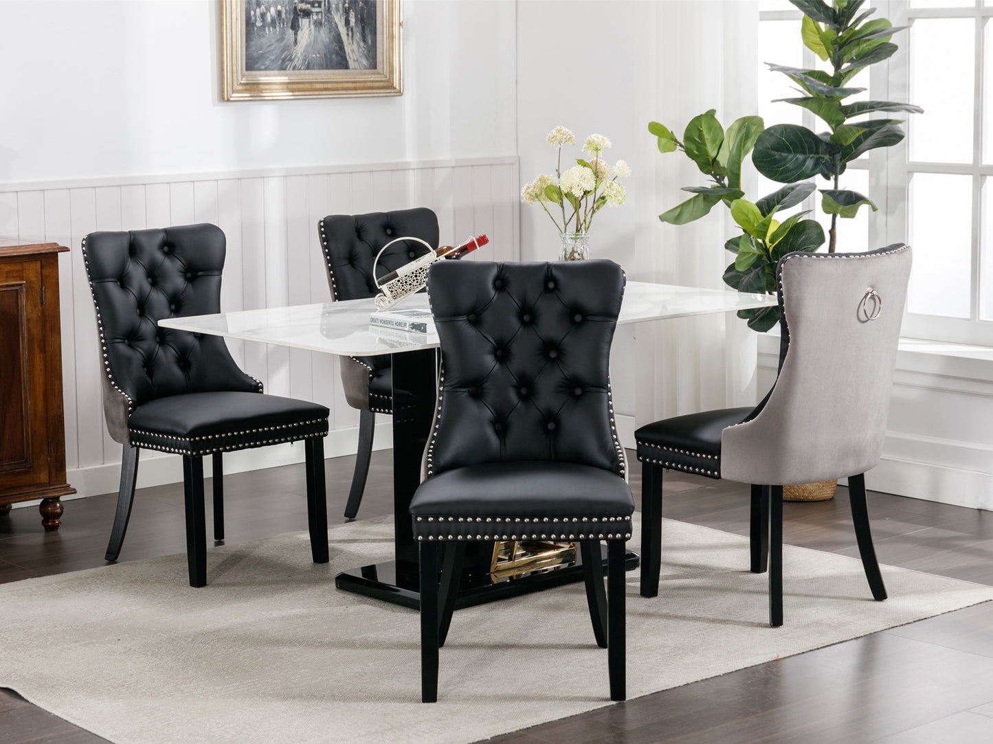 Tufted Solid Wood Contemporary PU and Velvet Upholstered Dining Chair with Wood Legs Nailhead Trim 2-Pcs Set Black+Gray