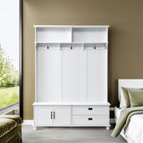 ON-TREND Modern Hall Tree with Storage Cabinet, 2 Large Drawers, and 5 Coat Hooks, White