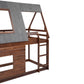 Wood Twin Size House Bunk Bed with Roof, Ladder and 2 Windows, Oak & Smoky Grey