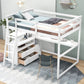 Full Size Loft Bed with Desk and Shelves,Two Built-in Drawers White